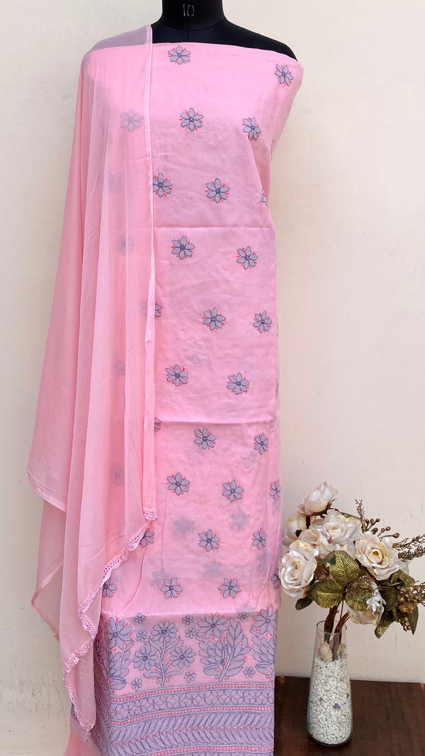 Lucknowi Chikankari Suit Length 3 Piece Pink Cotton