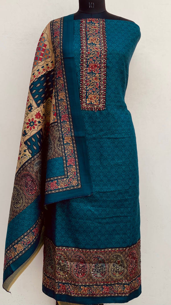 Sea Green Woollen Pashmina Suit Length 3 Piece With Woollen Pashmina Shawl