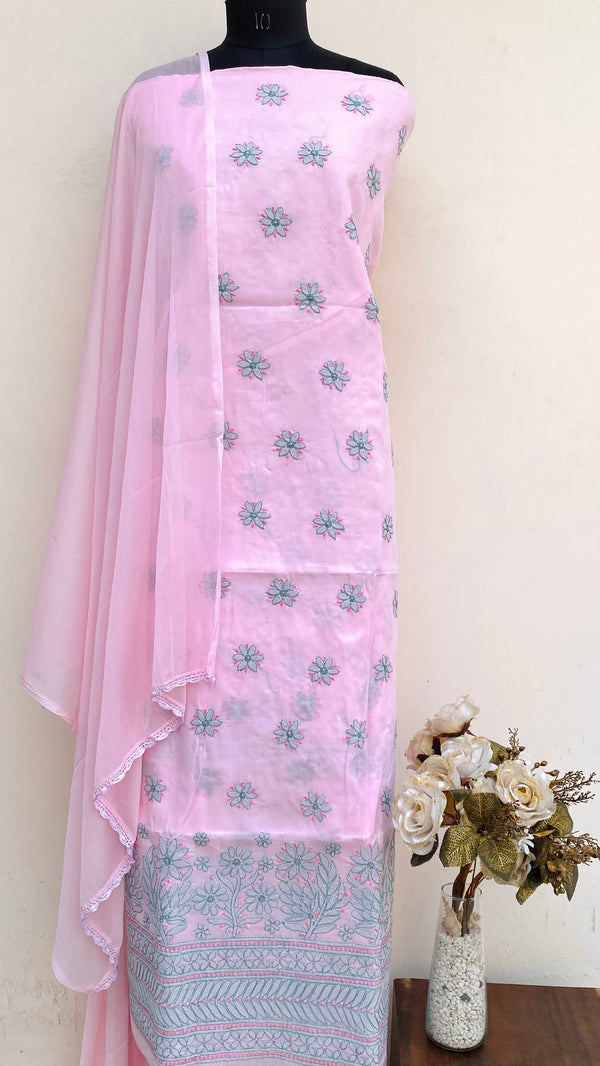 Lucknowi Chikankari Suit Length 3 Piece Pink Cotton