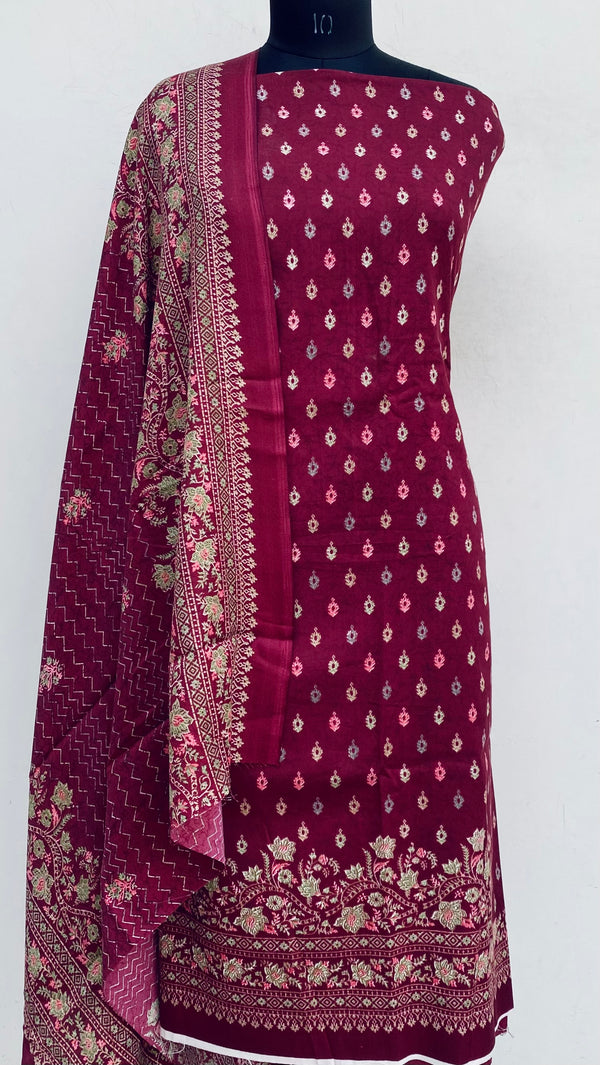 Maroon Woollen Pashmina Suit Length 3 Piece With Woollen Pashmina Shawl