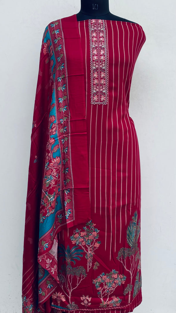 Maroon Woollen Pashmina Suit Length 3 Piece With Woollen Pashmina  Shawl