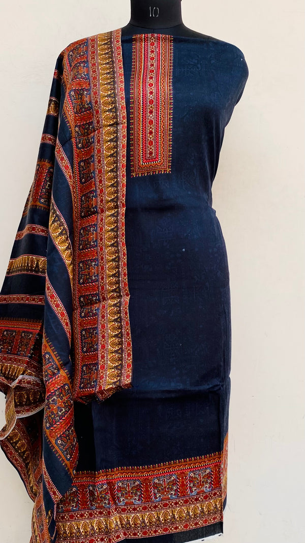 Navy Blue Woollen Pashmina Suit Length 3 Piece With Woollen Pashmina Shawl