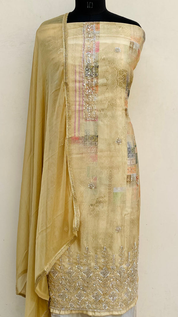 Designer Embroidered Suit Length 3 Piece Beige Muslin Cotton With Cutdana & Sequence Work