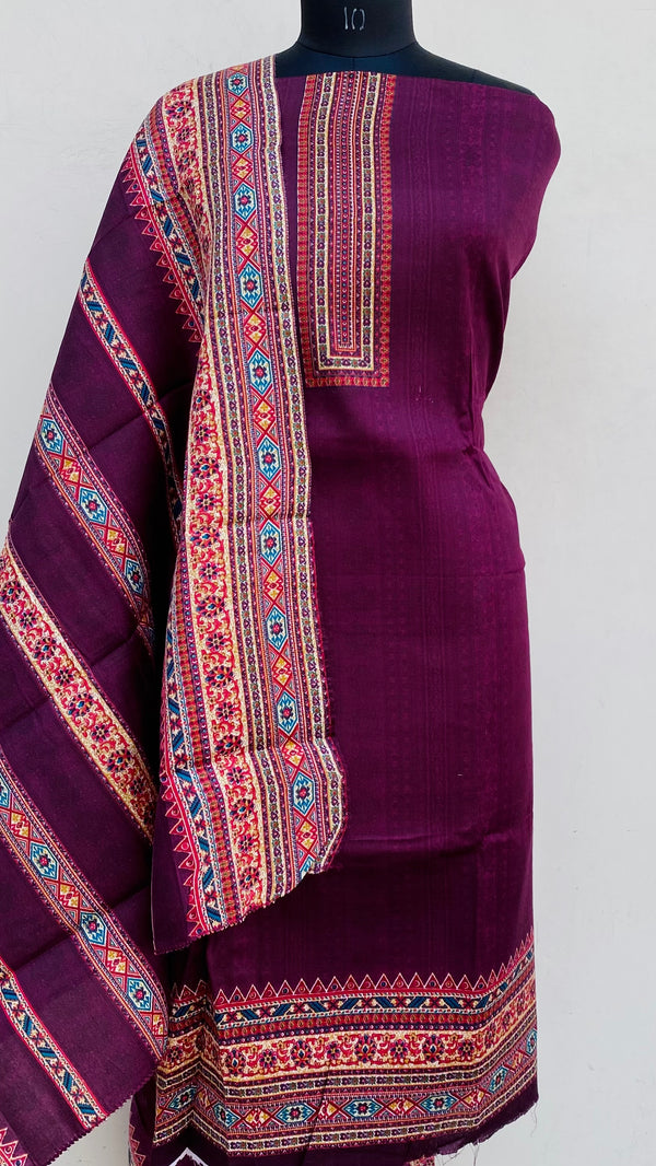 Wine Woollen Pashmina Suit Length 3 Piece With Woollen Pashmina Shawl