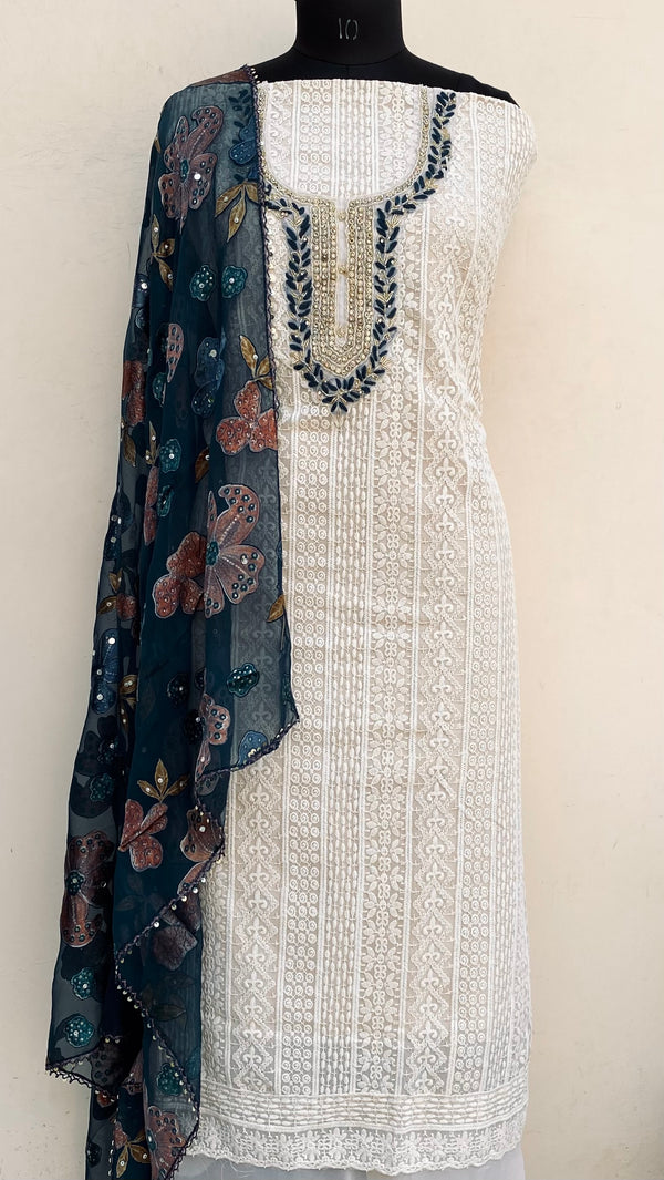 Chikankari Suit Length 3 Piece Beige Georgette With Cutdana & Pearl Work