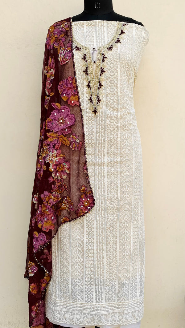 Chikankari Suit Length 3 Piece Beige Georgette With Cutdana & Pearl Work