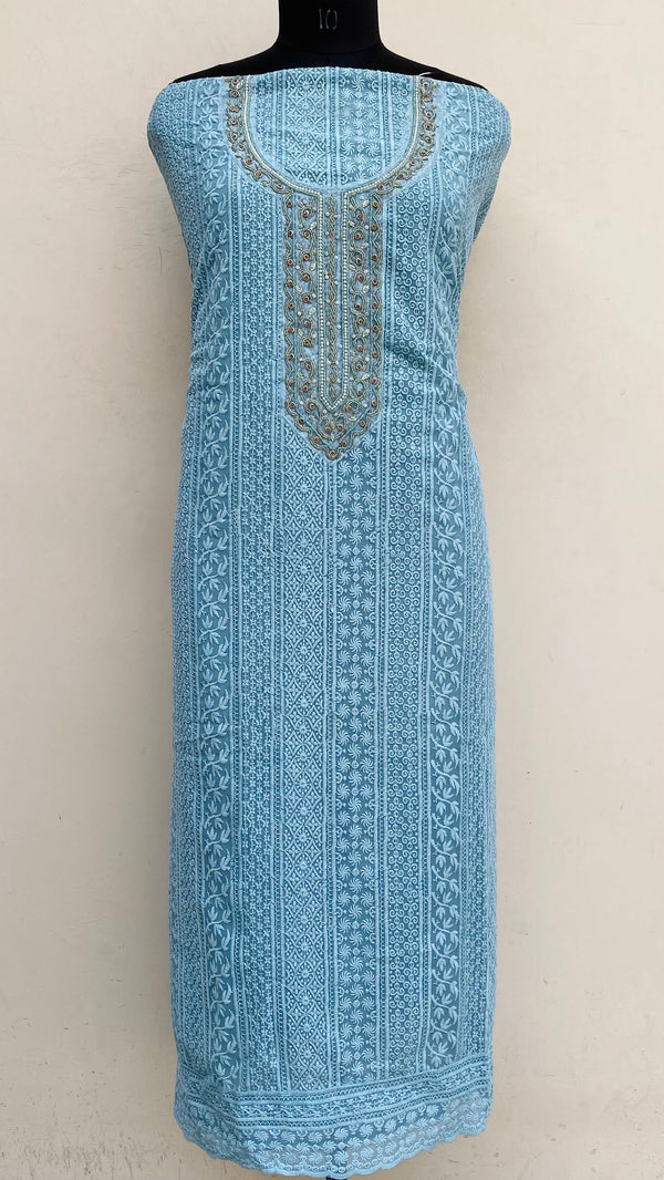 Chikankari Suit Length 2 Piece Aqua Blue Georgette With Cutdana & Pearl Work