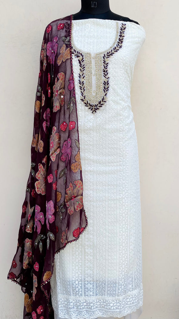 Chikankari Suit Length 3 Piece Off White Georgette With Cutdana & Pearl Work