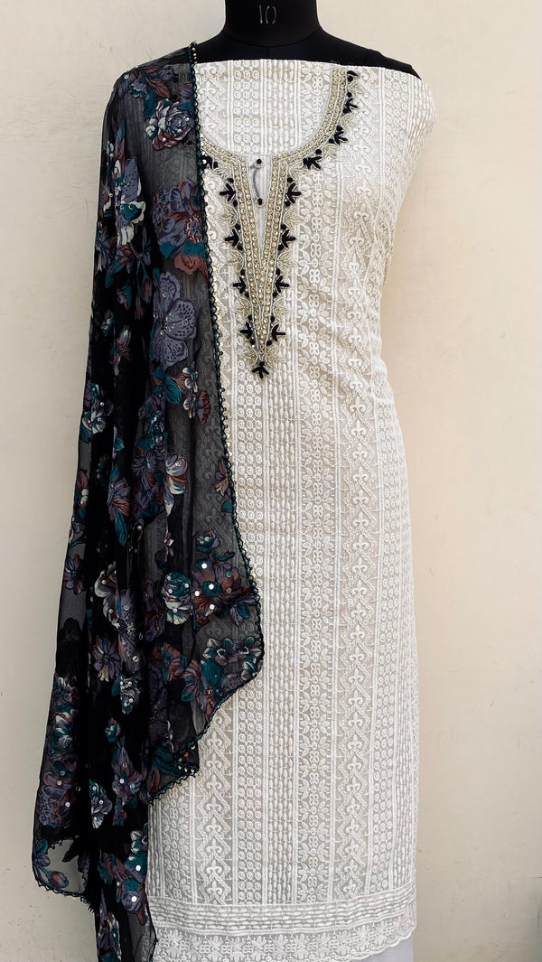 Chikankari Suit Length 3 Piece Beige Georgette With Cutdana & Pearl Work