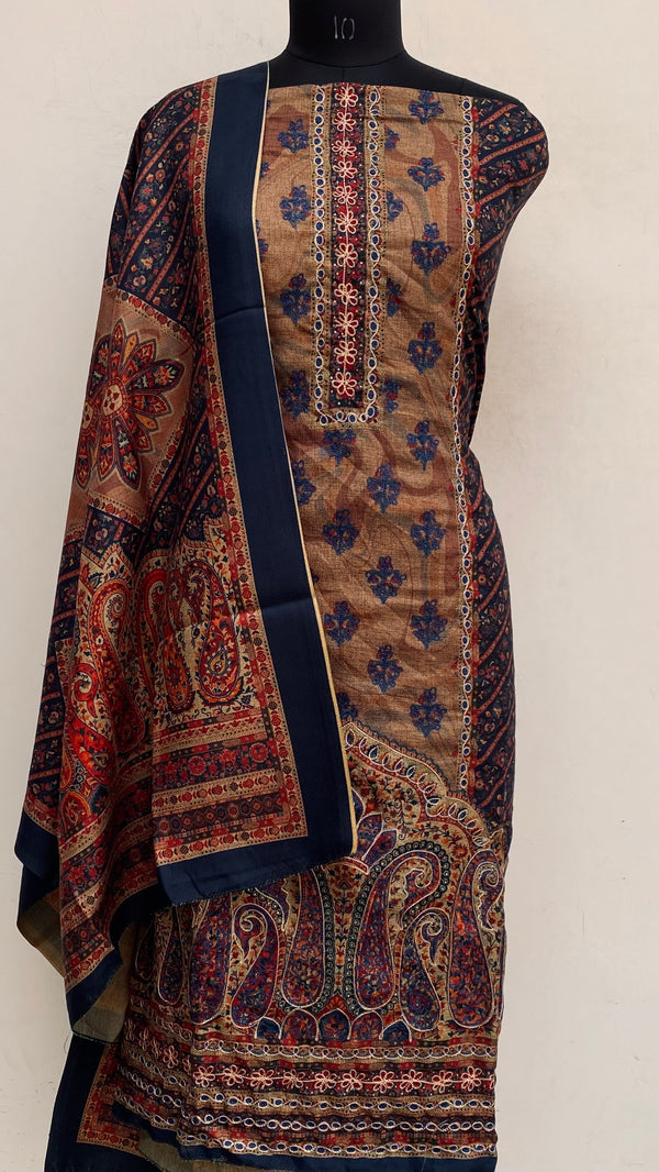 Navy Blue Woollen Pashmina Suit Length 3 Piece With Woollen Pashmina Shawl