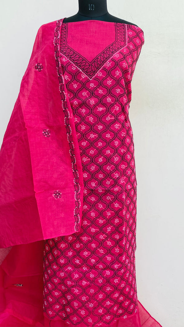 Lucknowi Chikankari Suit Length 3 Piece Pink Cotton With Embroidered Cotton Dupatta