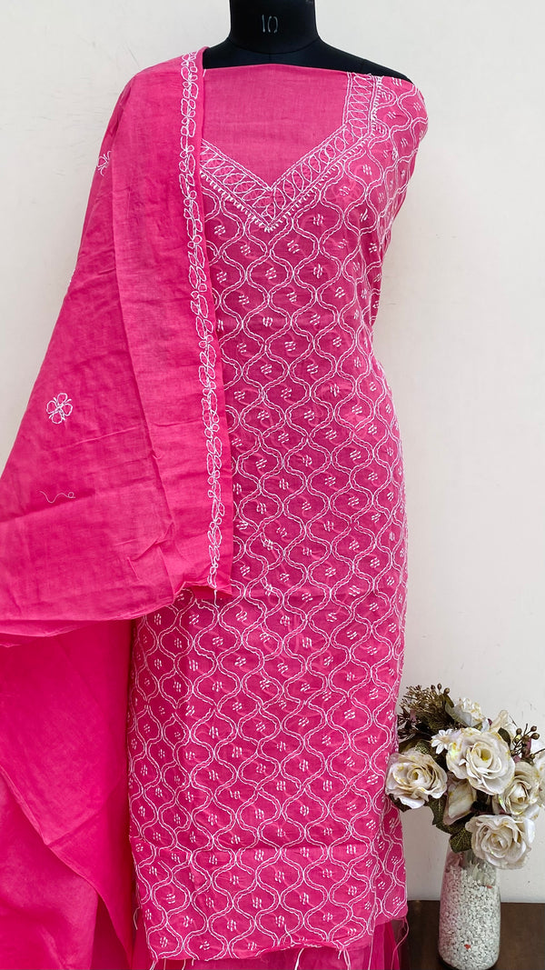 Lucknowi Chikankari Suit Length 3 Piece Pink Cotton With Embroidered Cotton Dupatta