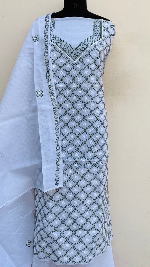 Lucknowi Chikankari Suit Length 3 Piece White Cotton With Embroidered Cotton Dupatta