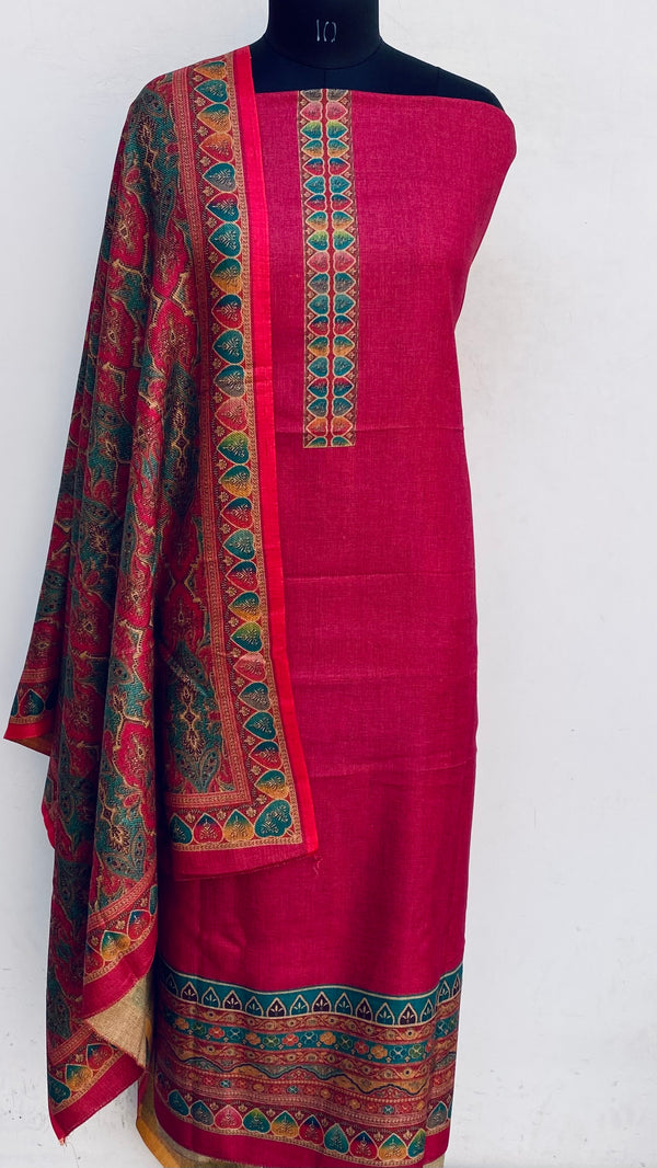 Red Woollen Pashmina Suit Length 3 Piece With Woollen Pashmina Shawl