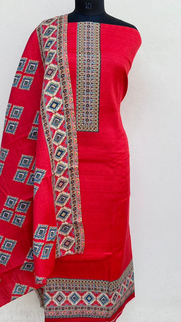 Red Woollen Pashmina Suit Length 3 Piece With Woollen Pashmina Shawl