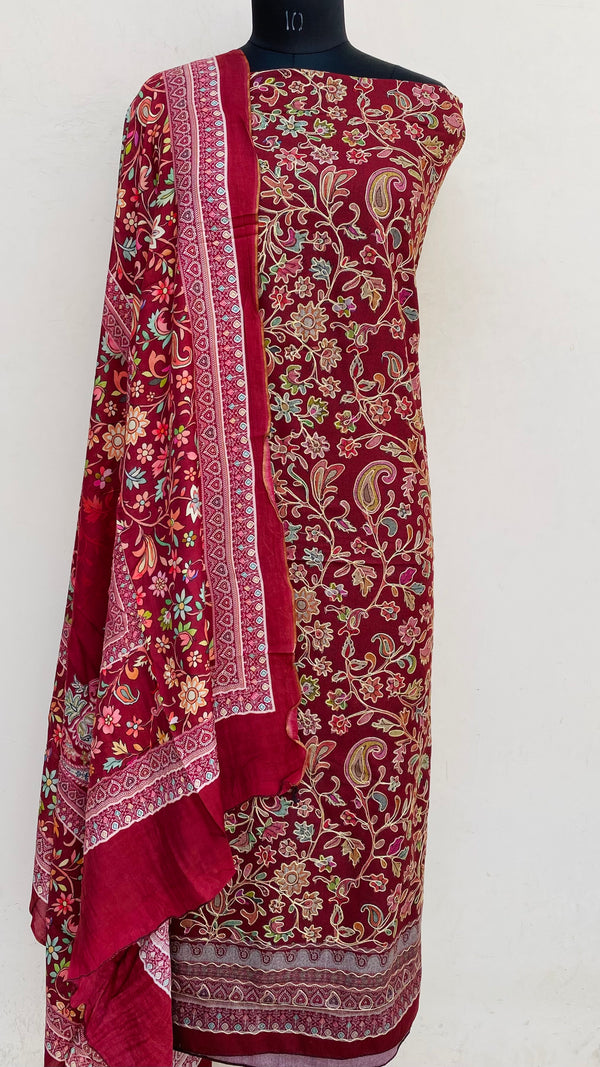 Maroon Woollen Pashmina Suit Length 3 Piece With Muslin Dupatta