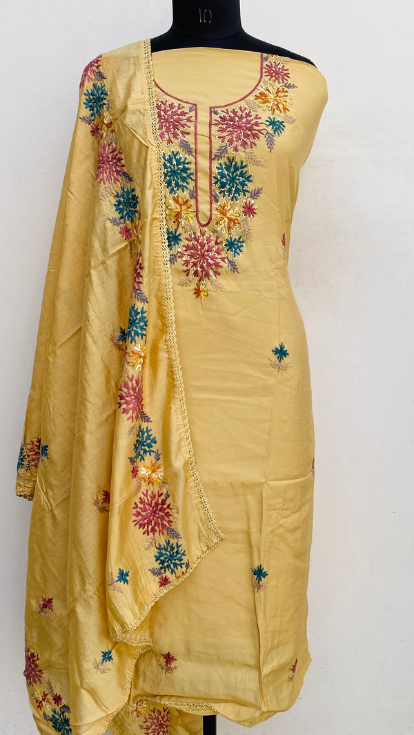 Designer Embroidered Suit Length 3 Piece Beige Mal Chanderi