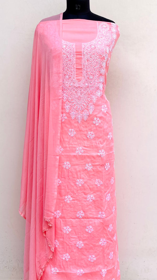 Lucknowi CLucknowi Chikankari Suit Length 3 Piece Pink Mulmul Cotton