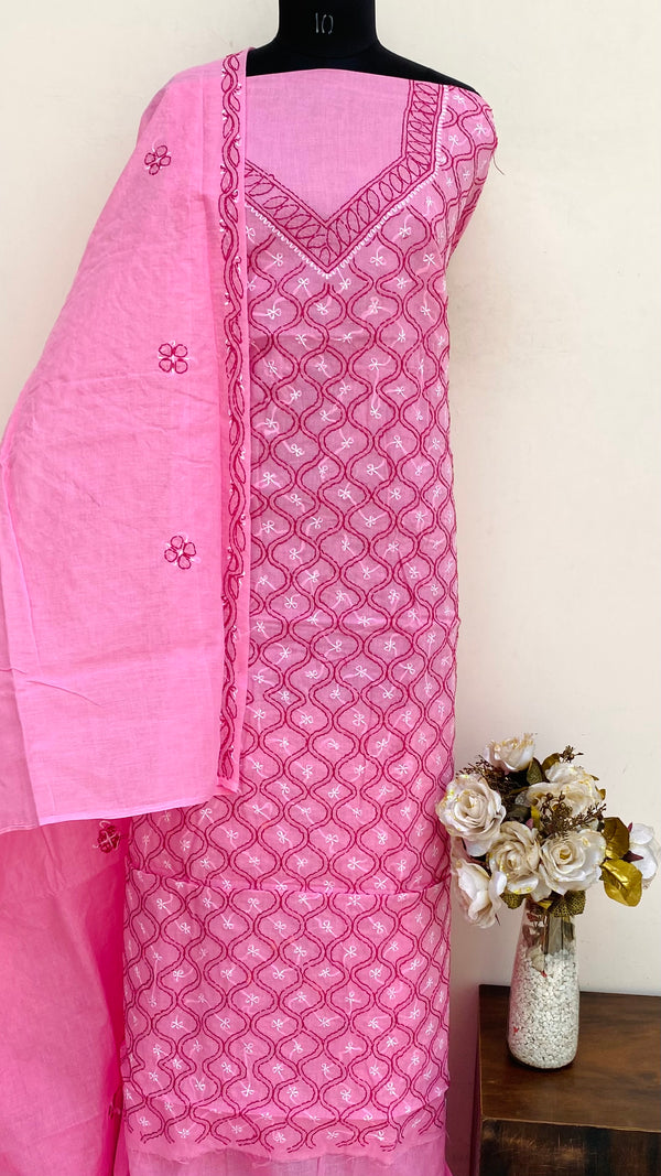 Lucknowi Chikankari Suit Length 3 Piece Pink Cotton With Embroidered Cotton Dupatta
