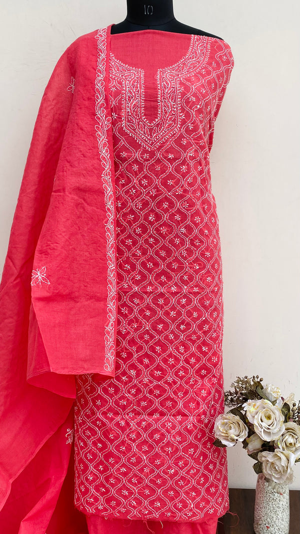 Lucknowi Chikankari Suit Length 3 Piece Red Cotton With Embroidered Cotton Dupatta