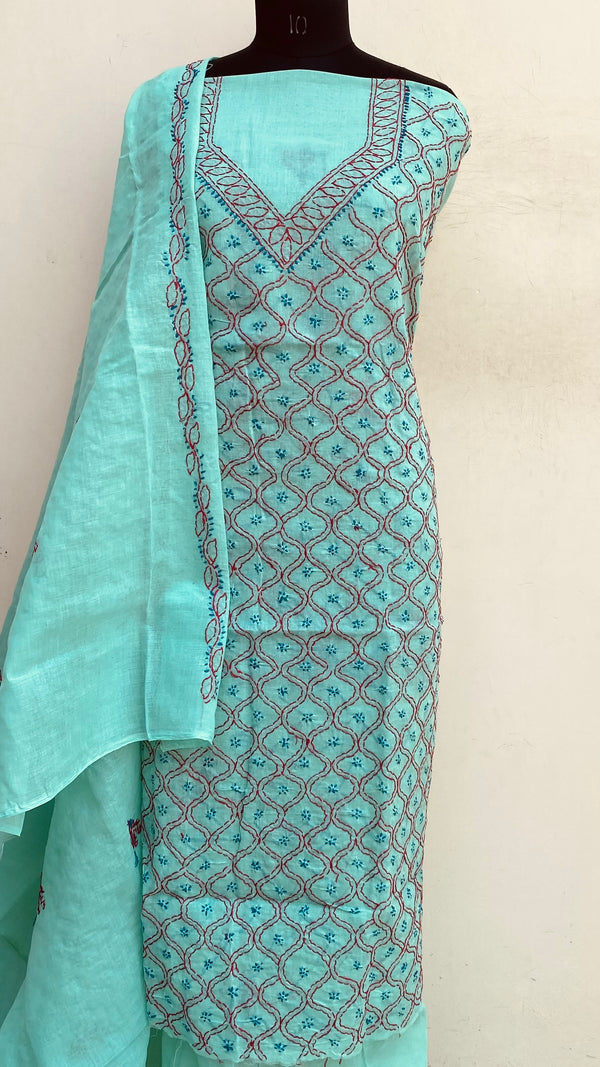 Lucknowi Chikankari Suit Length 3 Piece Sea Green Cotton With Embroidered Cotton Dupatta