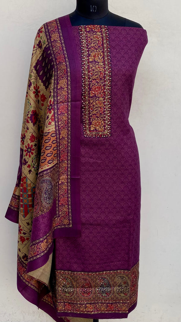 Wine Woollen Pashmina Suit Length 3 Piece With Woollen Pashmina Shawl