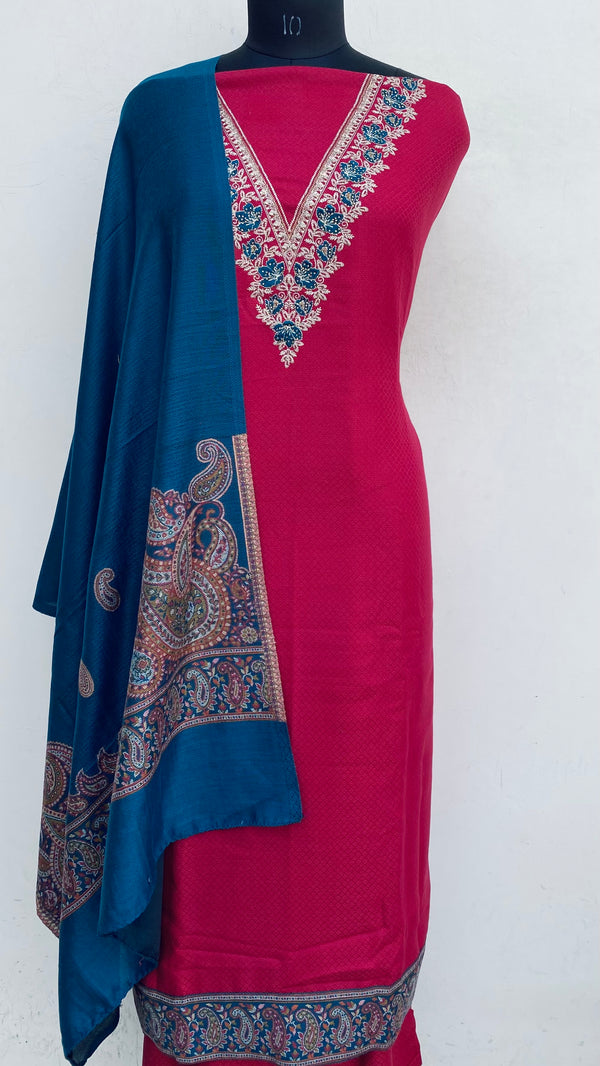 Maroon Woollen Pashmina Suit Length 3 Piece With Woollen Pashmina Shawl