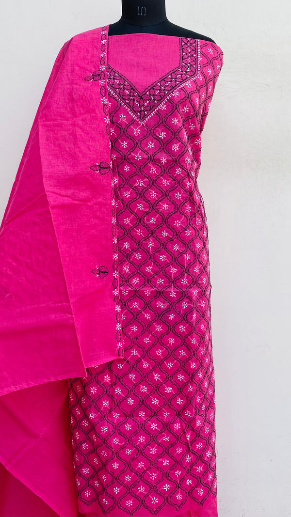 Lucknowi Chikankari Suit Length 3 Piece Pink Cotton With Embroidered Cotton Dupatta