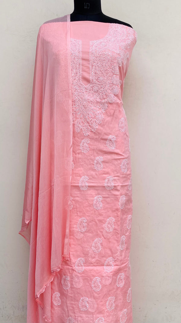 Lucknowi Chikankari Suit Length 3 Piece Pink Mulmul Cotton