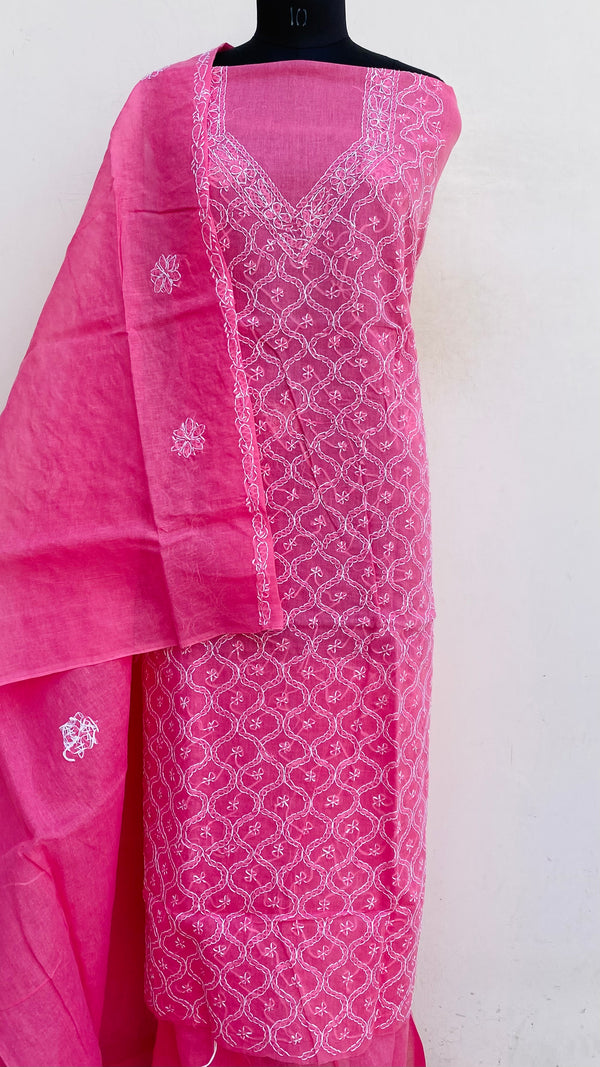 Lucknowi Chikankari Suit Length 3 Piece Pink Cotton With Embroidered Cotton Dupatta