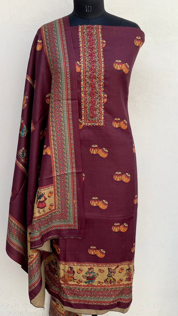 Maroon Woollen Pashmina Suit Length 3 Piece With Woollen Pashmina Shawl