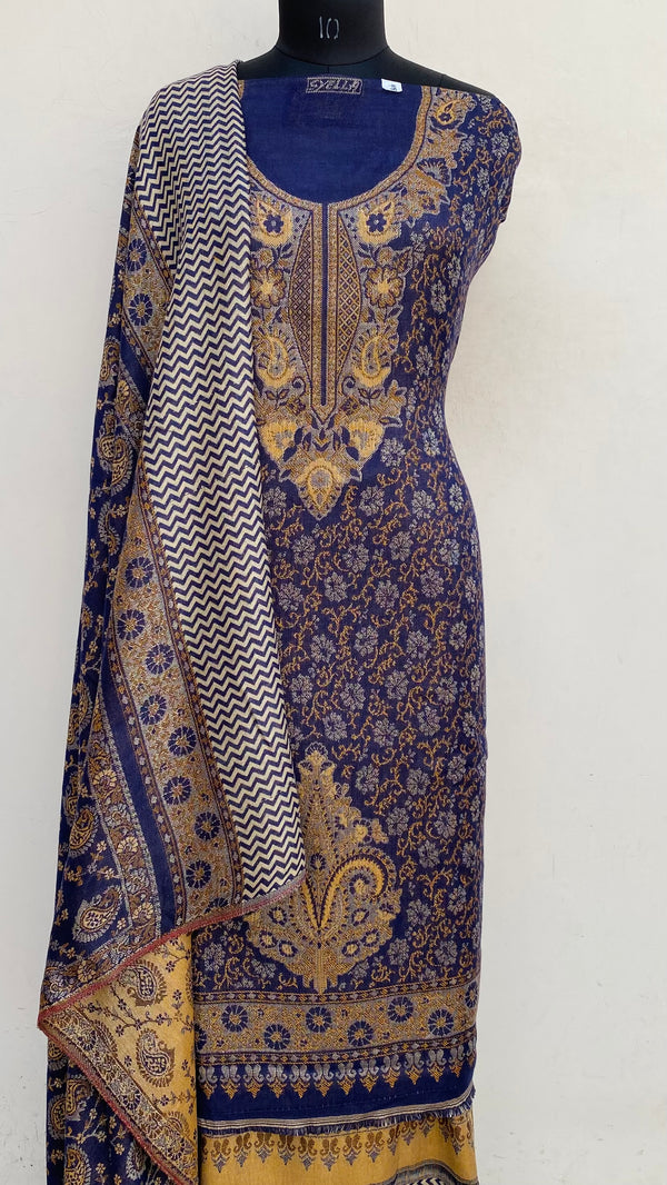 Blue Woollen Pashmina Suit Length 3 Piece With Woollen Pashmina Shawl