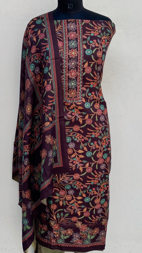 Wine Woollen Pashmina Suit Length 3 Piece  With Sequence Work With Woollen Pashmina Shawl