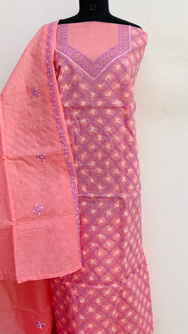 Lucknowi Chikankari Suit Length 3 Piece Pink Cotton With Embroidered Cotton Dupatta
