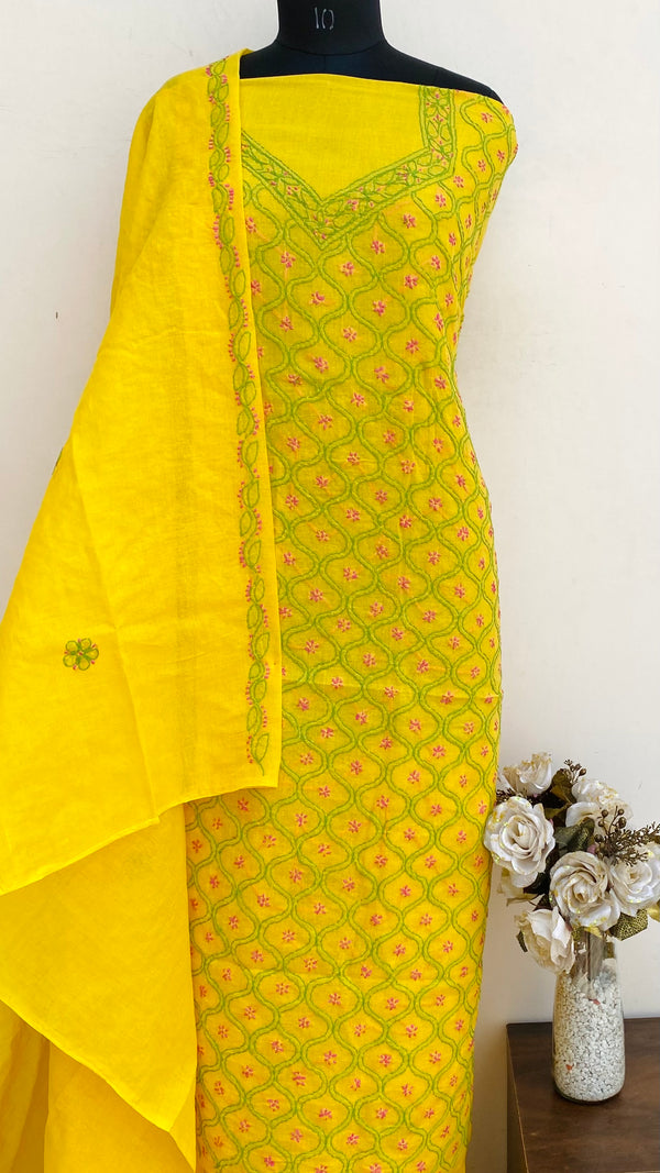 Lucknowi Chikankari Suit Length 3 Piece Yellow Cotton With Embroidered Cotton Dupatta