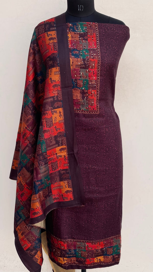 Wine Woollen Pashmina Suit Length 3 Piece With Woollen Pashmina Shawl