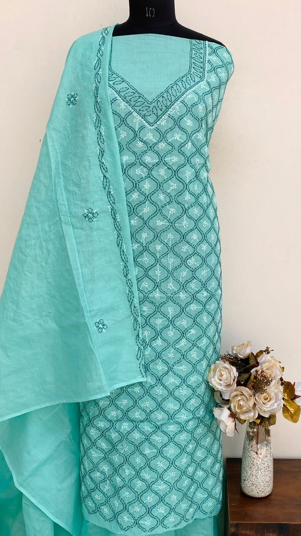 Lucknowi Chikankari Suit Length 3 Piece Sea Green Cotton With Embroidered Cotton Dupatta