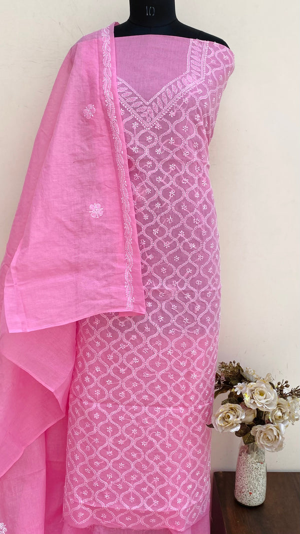 Lucknowi Chikankari Suit Length 3 Piece Pink Cotton With Embroidered Cotton Dupatta