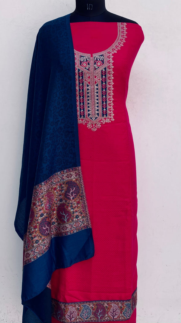 Pink Woollen Pashmina Suit Length 3 Piece With Woollen Pashmina Shawl