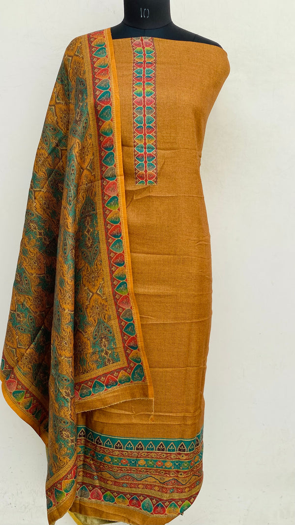 Brown Woollen Pashmina Suit Length 3 Piece With Woollen Pashmina Shawl