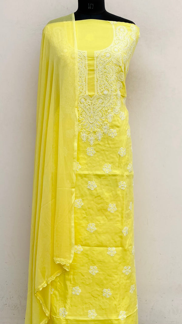 Lucknowi Chikankari Suit Length 3 Piece Yellow Mulmul Cotton
