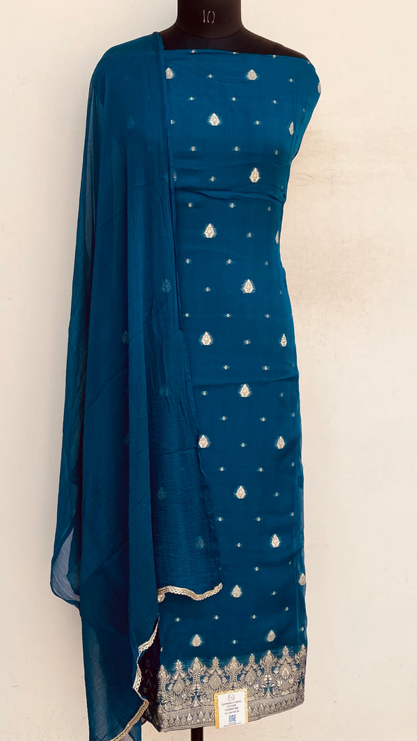 Designer Embroidered Suit Length 3 Piece Blue Organza