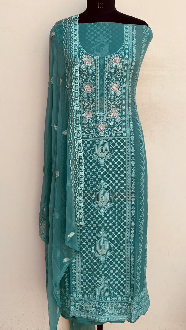 Chikankari Suit Length 3 Piece Green Georgette With Cutdana , Pearl & Sequence Work