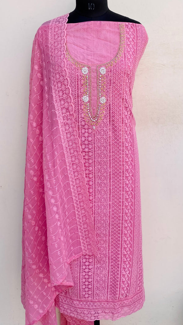 Chikankari Suit Length 3 Piece Pink Georgette With Pearl & Cutdana Work