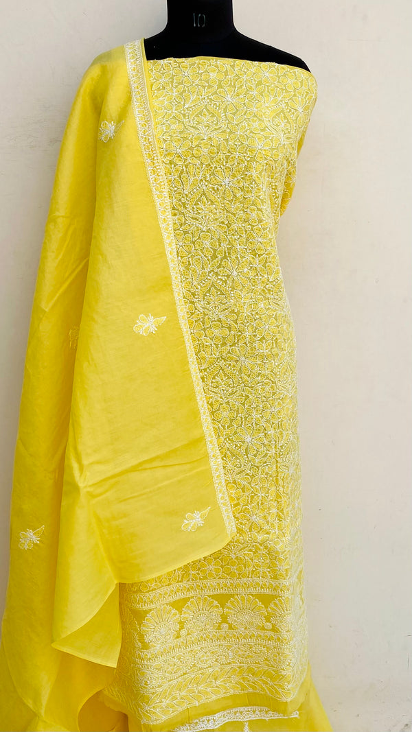 Lucknowi Chikankari Suit Length 3 Piece Yellow Cotton With Embroidered Cotton Dupatta