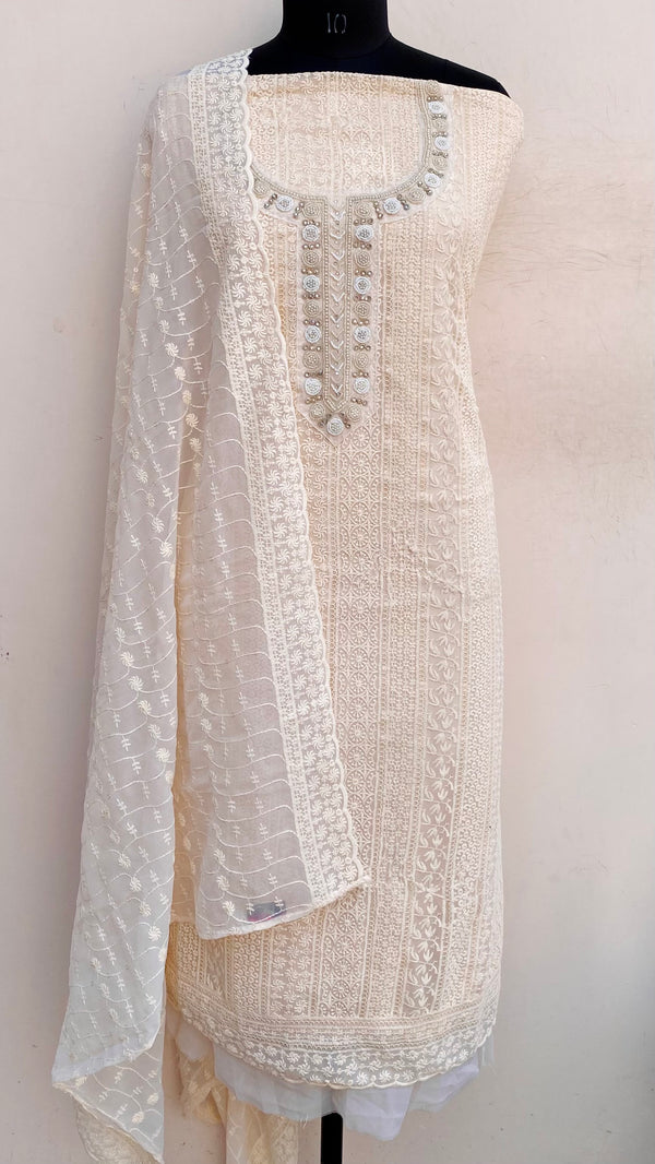 Chikankari Suit Length 3 Piece Cream Georgette With Pearl Work