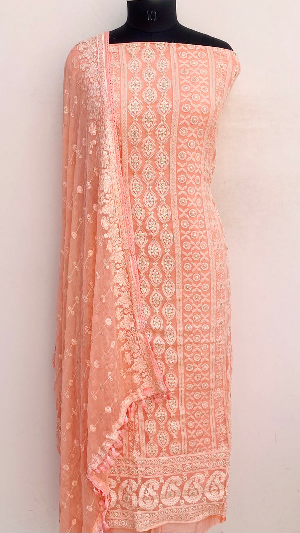 Chikankari Suit Length 3 Piece Peach Georgette With Sequence Work