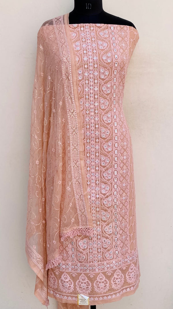 Chikankari Suit Length 3 Piece Peach Georgette With Sequence Work