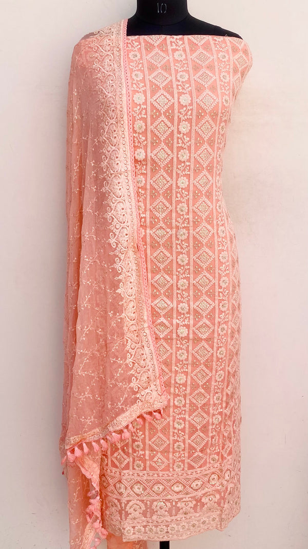 Chikankari Suit Length 3 Piece Peach Georgette With Sequence Work