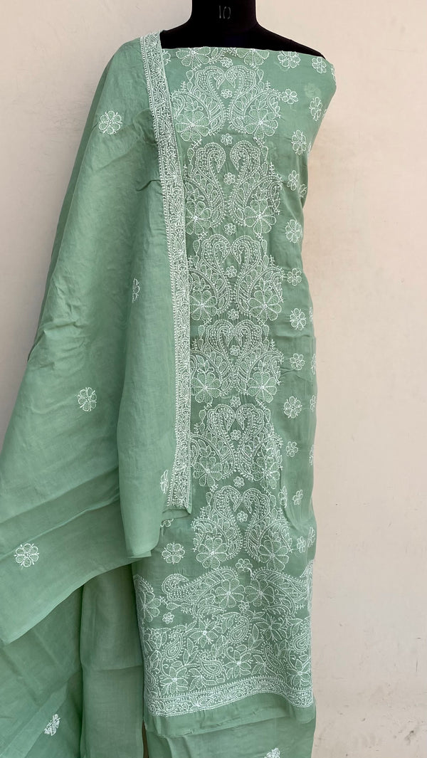 Lucknowi Chikankari Suit Length 3 Piece Teal Green Cotton With Embroidered Cotton Dupatta